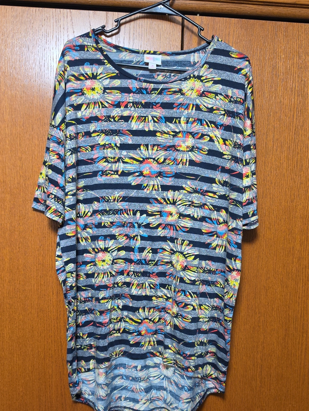 LuLaRoe Navy Striped Tee with Multicolor Floral Print